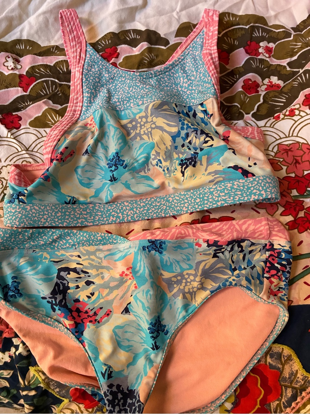 Girls Athleta XXL 14-16 Floral Two-Piece Swim Set - Pink & Aqua